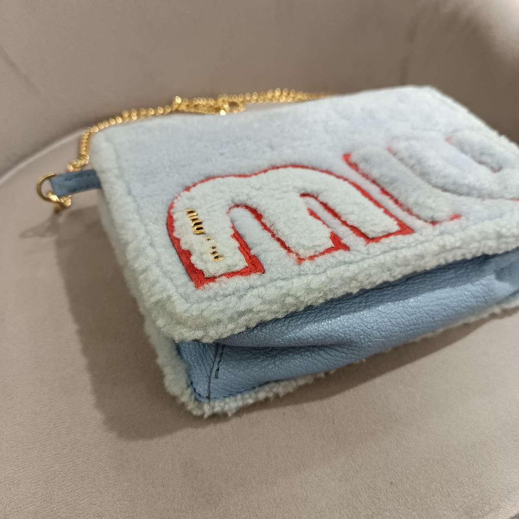 Miu Miu Plush Large Logo Chain Bag Blue Silver Hardware