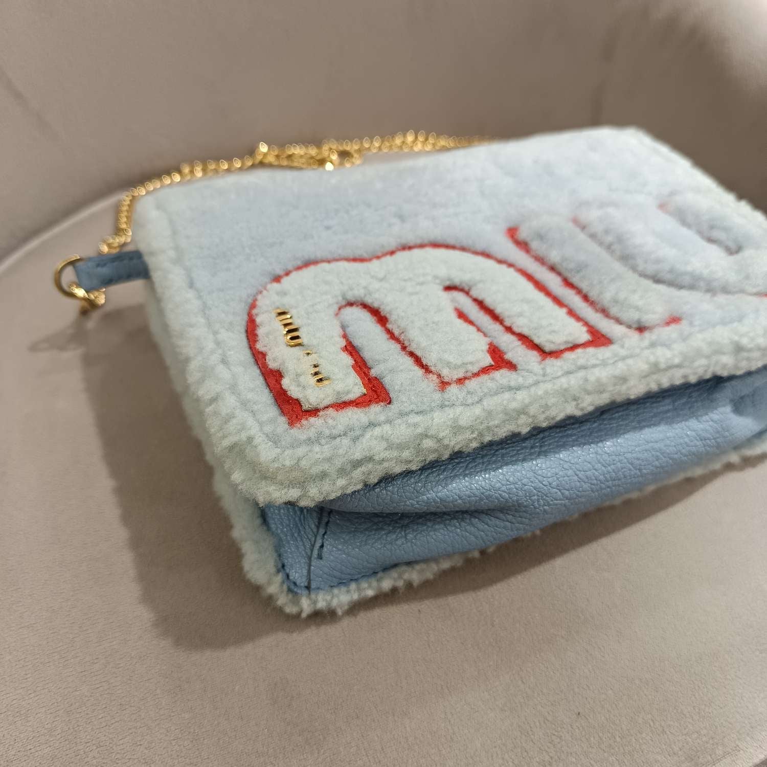 Miu Miu Plush Large Logo Chain Bag Blue Silver Hardware