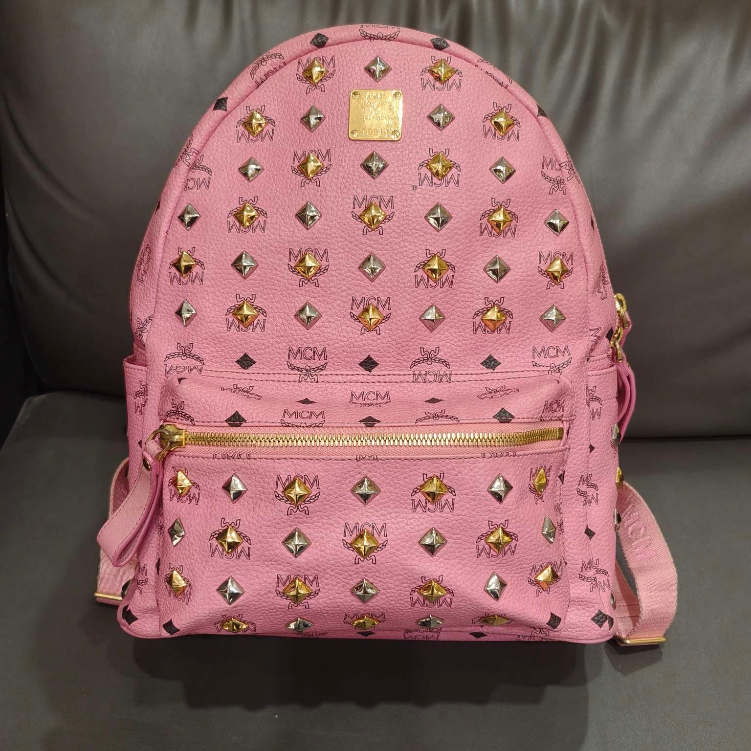 MCM Visetos Studded Backpack Large Pink Gold Hardware