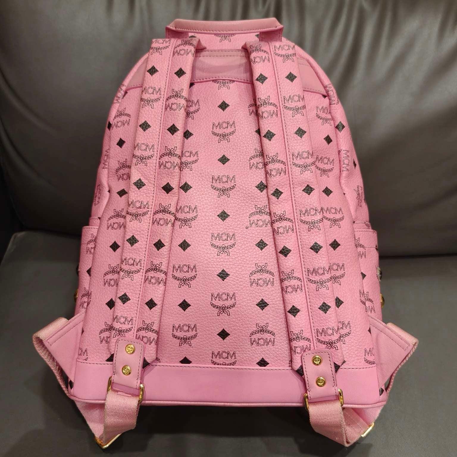 MCM Visetos Studded Backpack Large Pink Gold Hardware