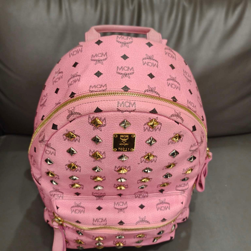 MCM Visetos Studded Backpack Large Pink Gold Hardware