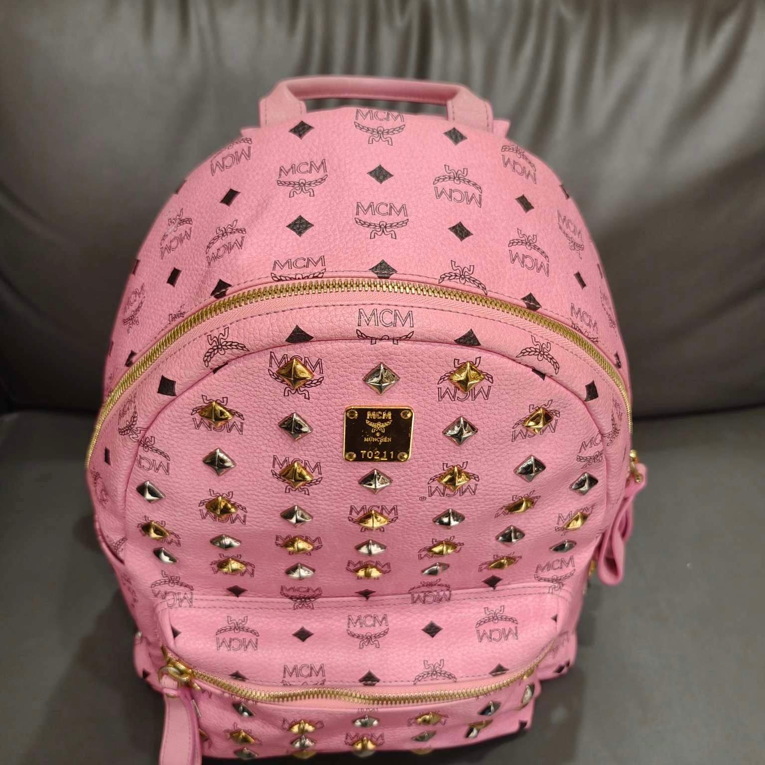 MCM Visetos Studded Backpack Large Pink Gold Hardware