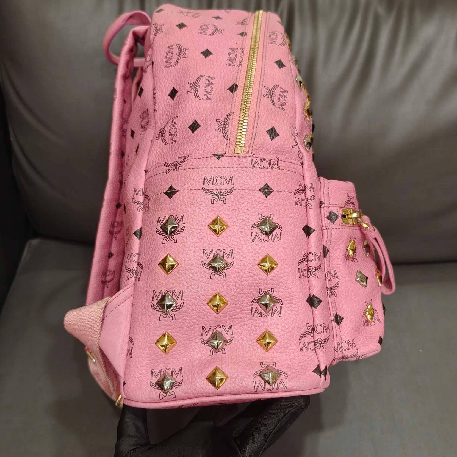 MCM Visetos Studded Backpack Large Pink Gold Hardware