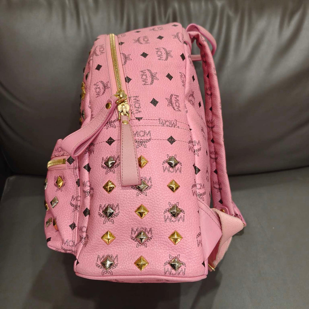 MCM Visetos Studded Backpack Large Pink Gold Hardware