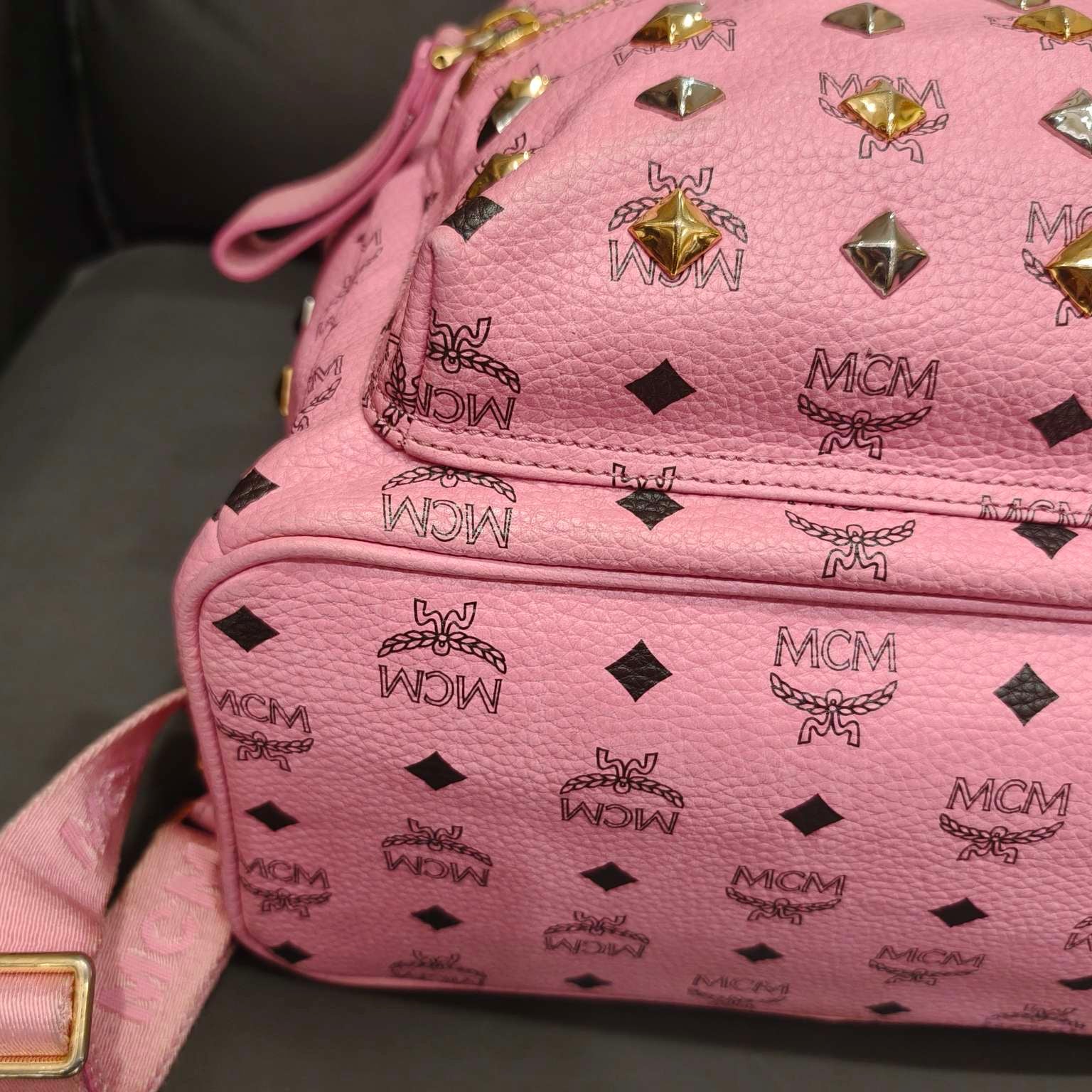 MCM Visetos Studded Backpack Large Pink Gold Hardware