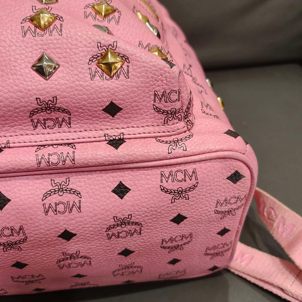 MCM Visetos Studded Backpack Large Pink Gold Hardware