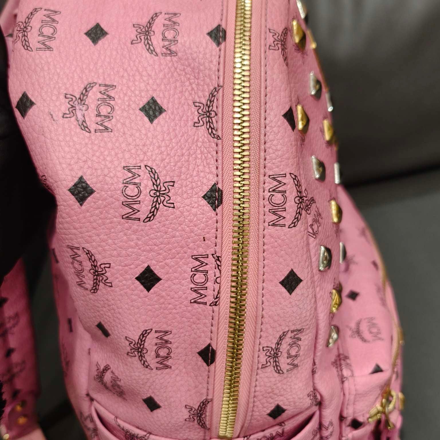 MCM Visetos Studded Backpack Large Pink Gold Hardware