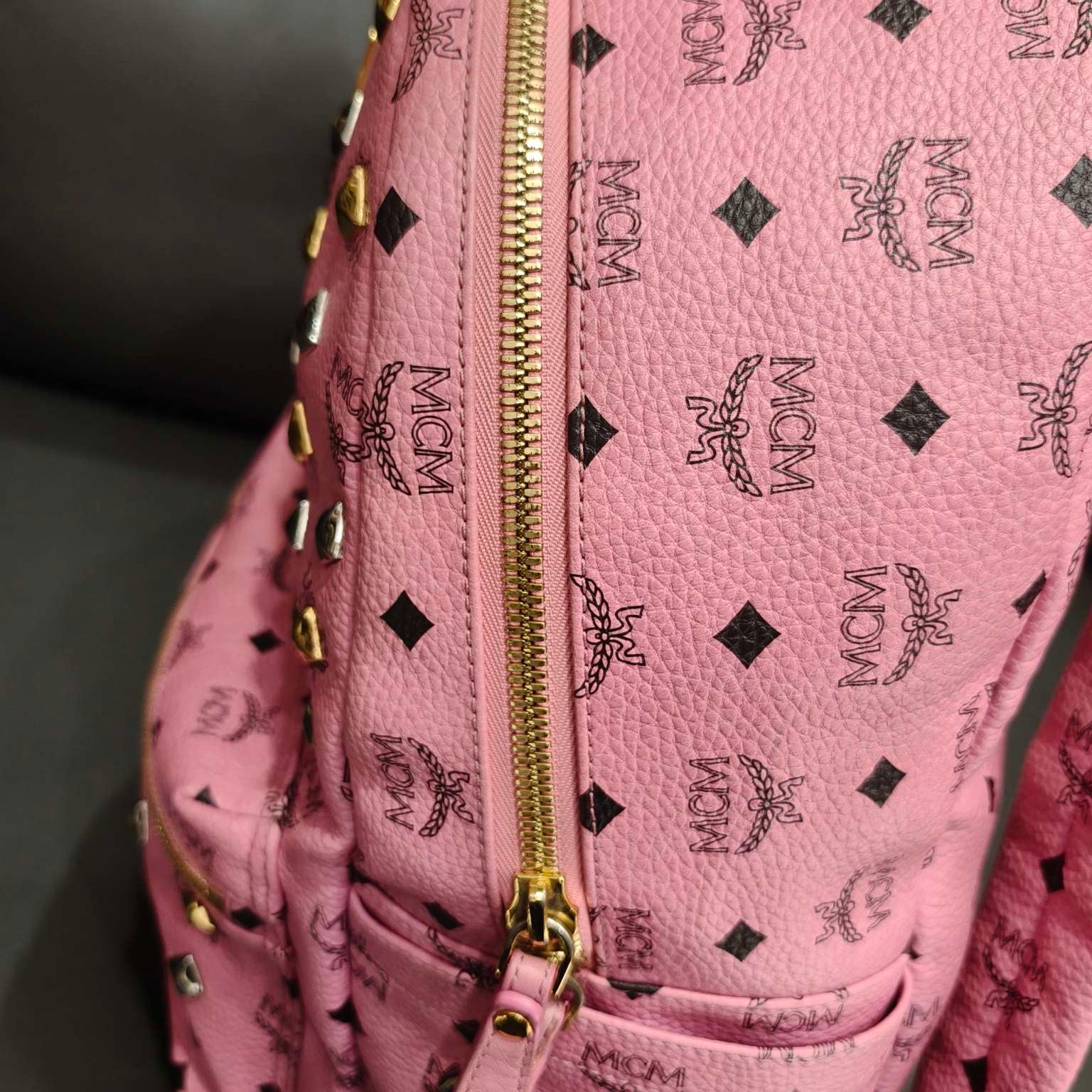 MCM Visetos Studded Backpack Large Pink Gold Hardware