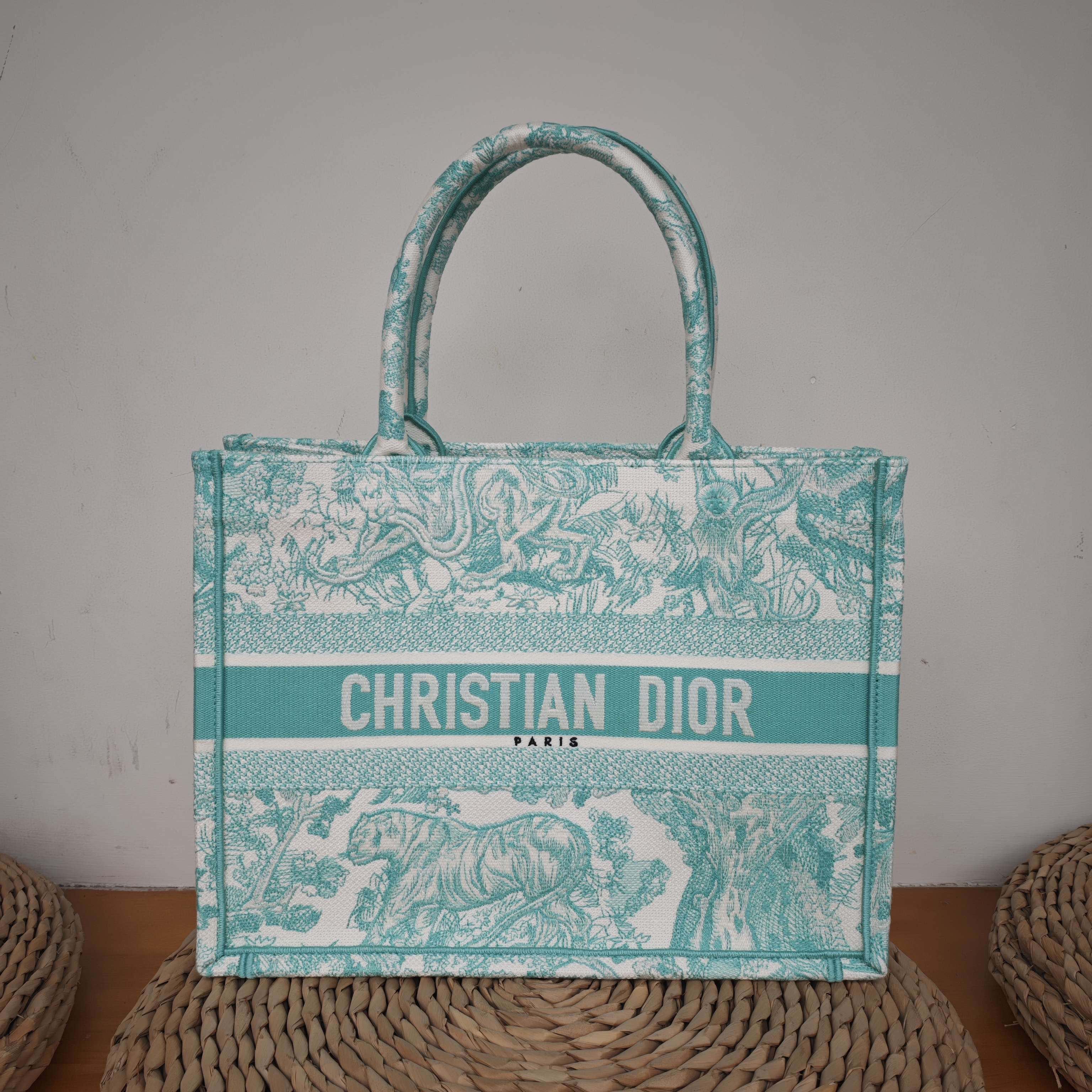 Dior Book Tote Medium Animal Collection Tiger Mint Green Silver Hardware