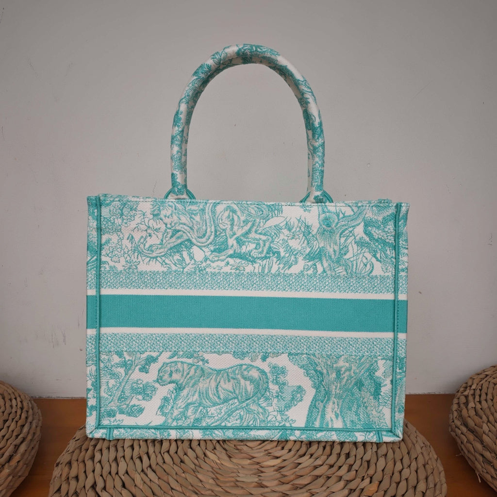 Dior Book Tote Medium Animal Collection Tiger Mint Green Silver Hardware