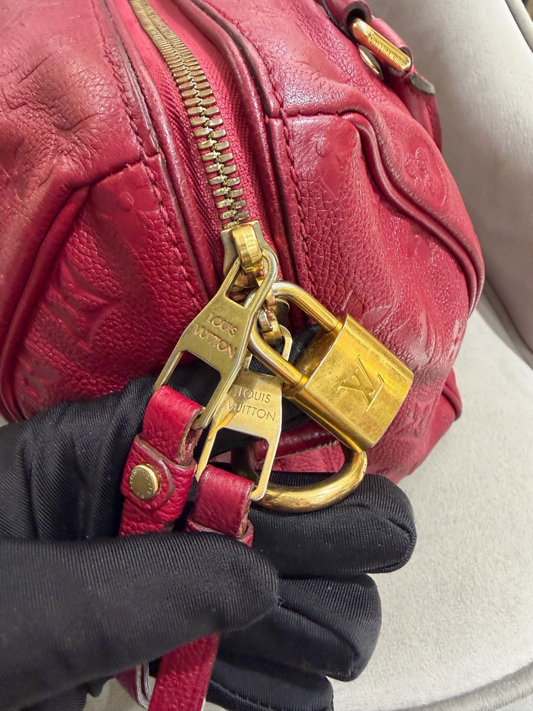 Louis Vuitton Monogram Empreinte Speedy 25 Boston Bag Red Gold Hardware