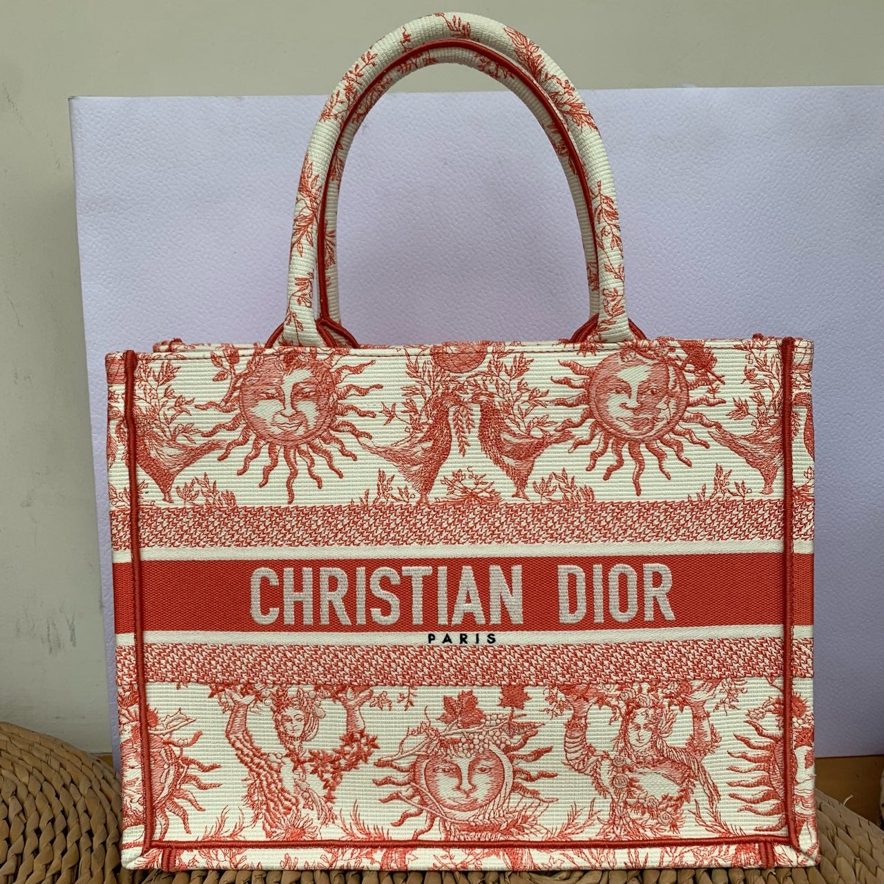 Dior Book Tote Medium Jouy Soleil Canvas Coral Orange Silver Hardware