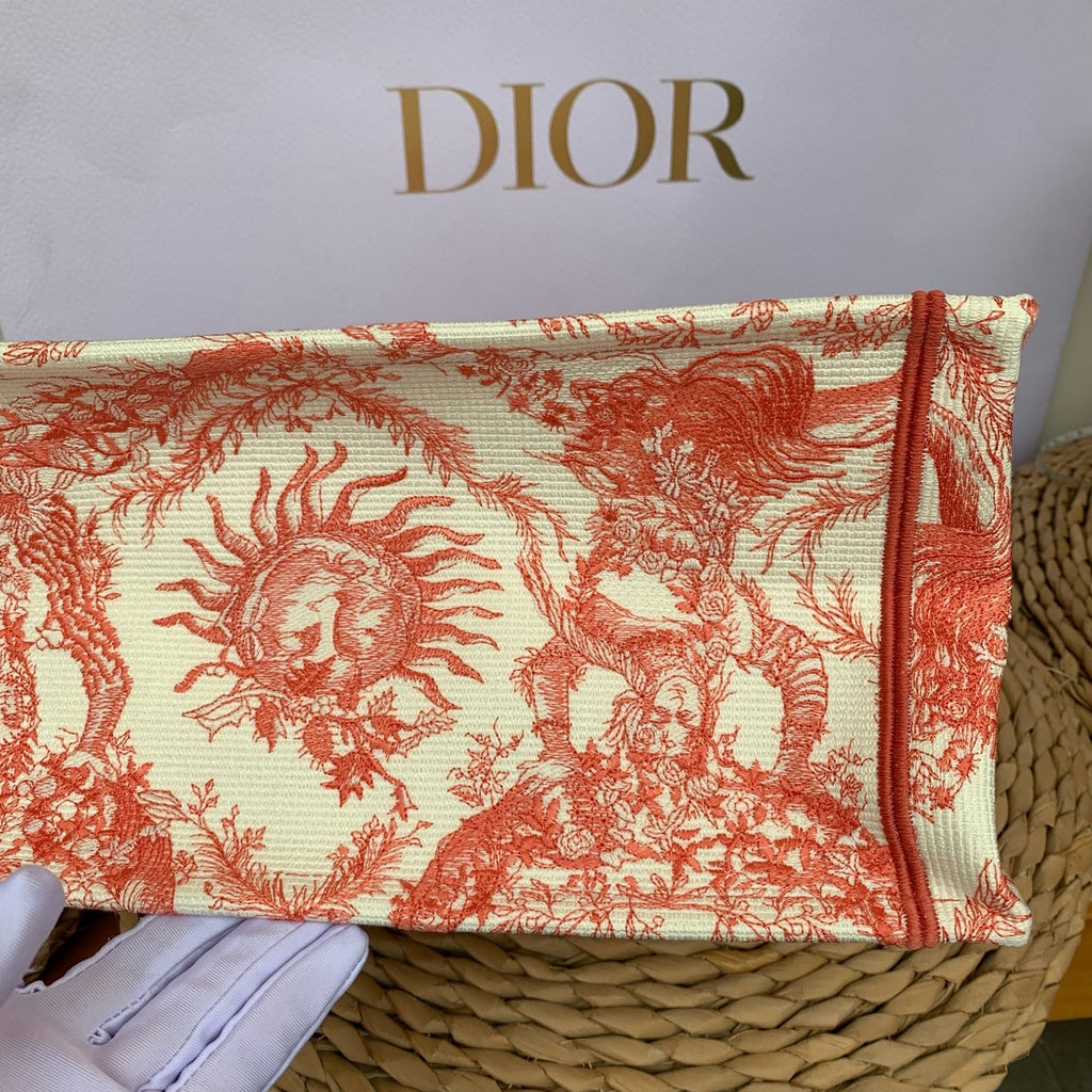 Dior Book Tote Medium Jouy Soleil Canvas Coral Orange Silver Hardware