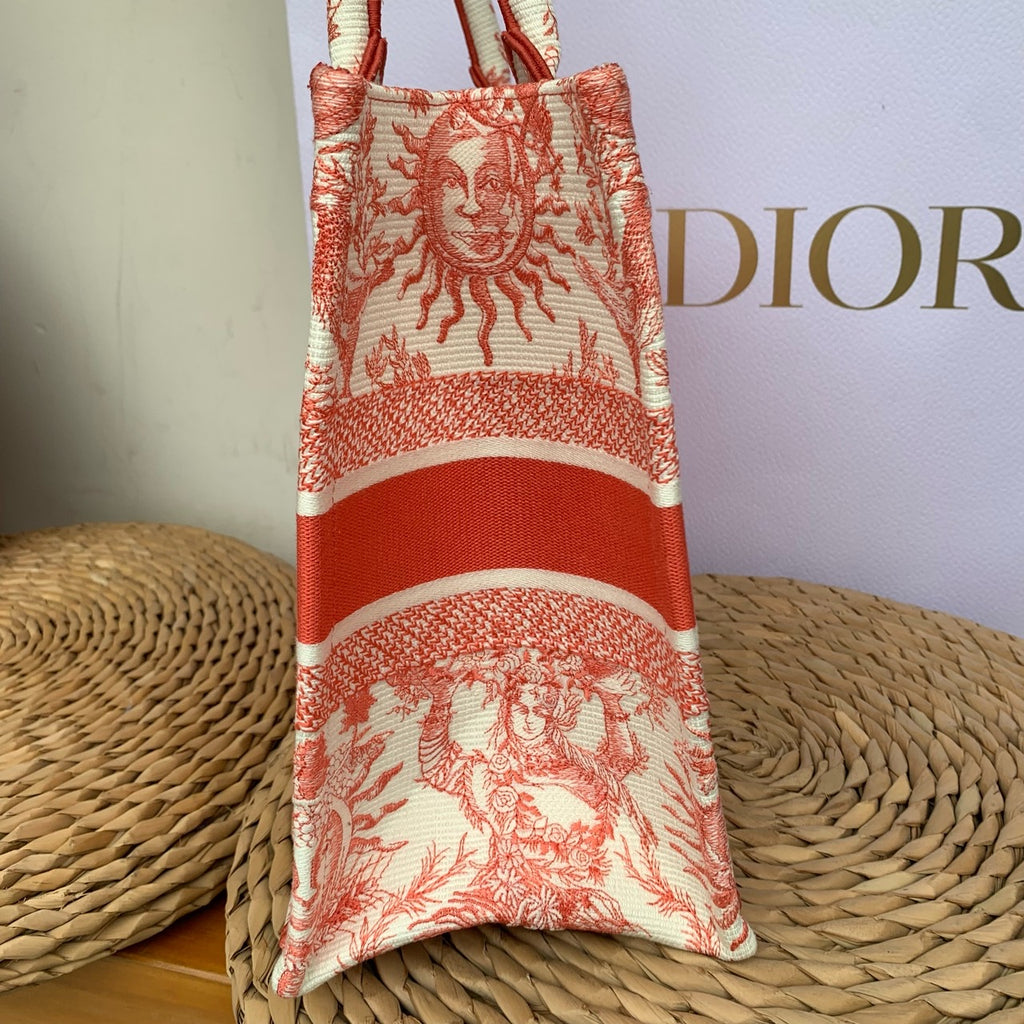 Dior Book Tote Medium Jouy Soleil Canvas Coral Orange Silver Hardware