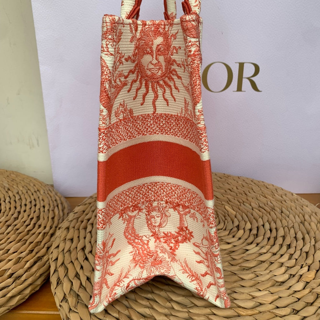 Dior Book Tote Medium Jouy Soleil Canvas Coral Orange Silver Hardware