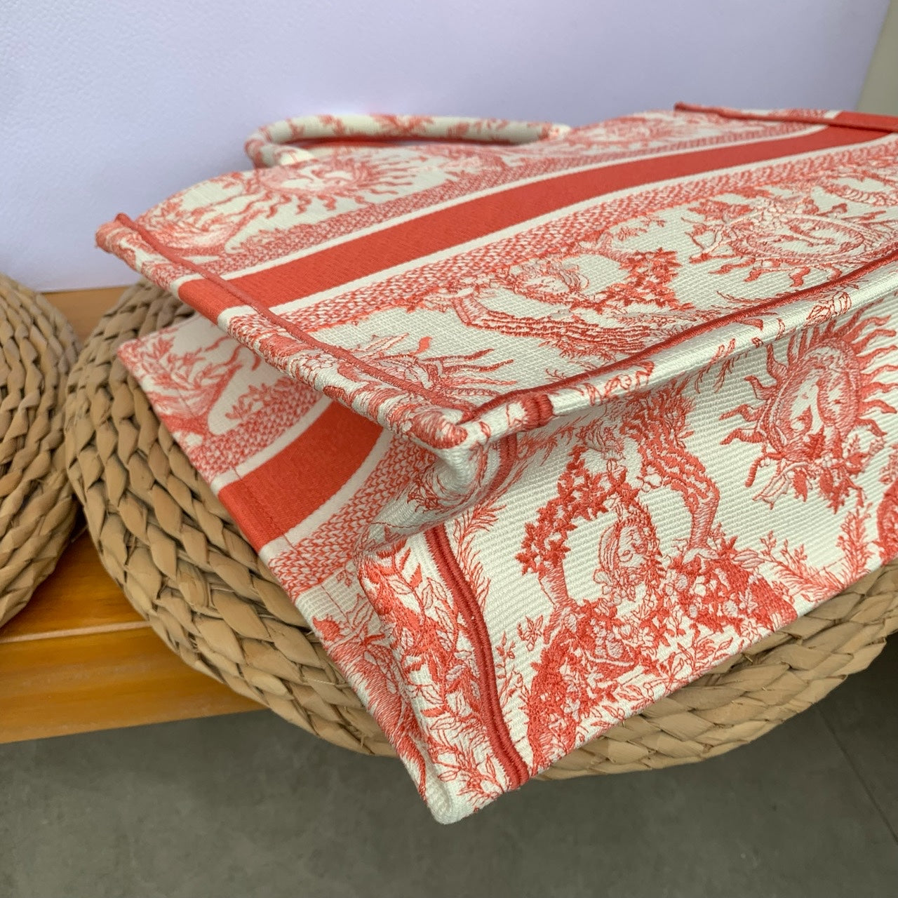 Dior Book Tote Medium Jouy Soleil Canvas Coral Orange Silver Hardware