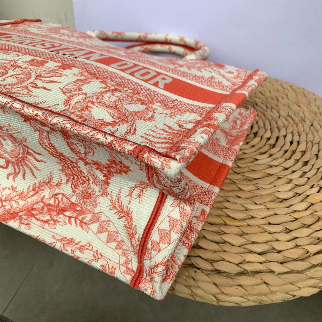 Dior Book Tote Medium Jouy Soleil Canvas Coral Orange Silver Hardware
