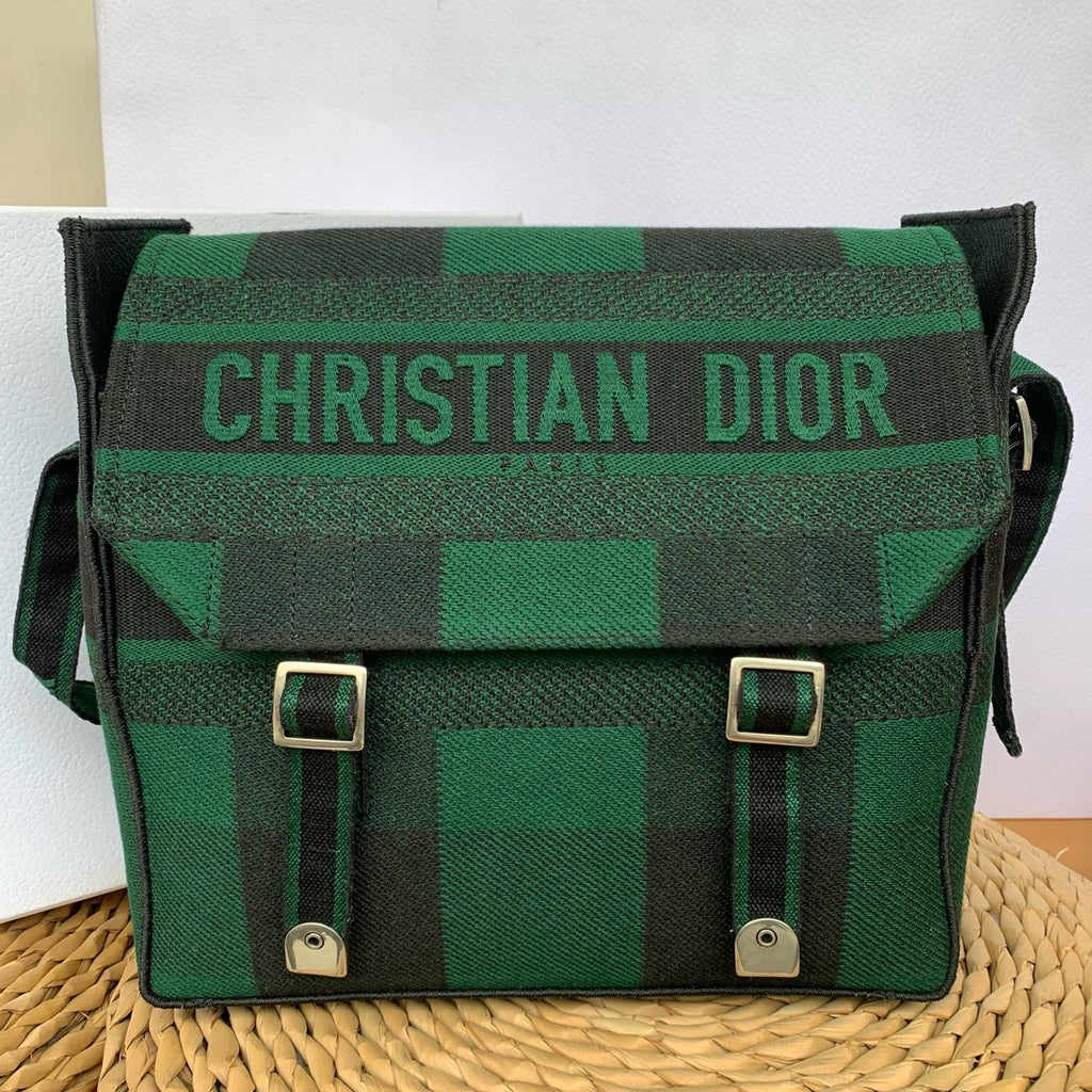 Dior Camp Messenger Bag Gingham Embroidery Green Black Silver Hardware