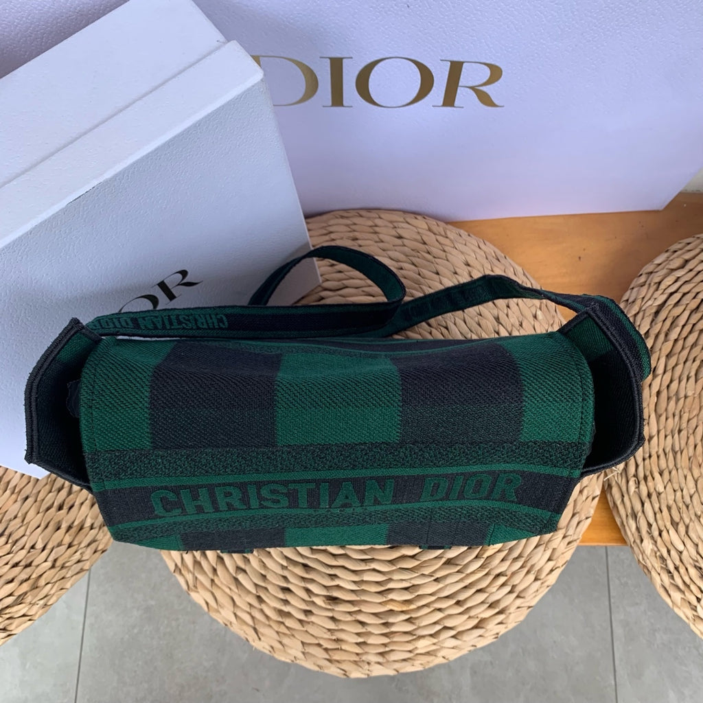 Dior Camp Messenger Bag Gingham Embroidery Green Black Silver Hardware