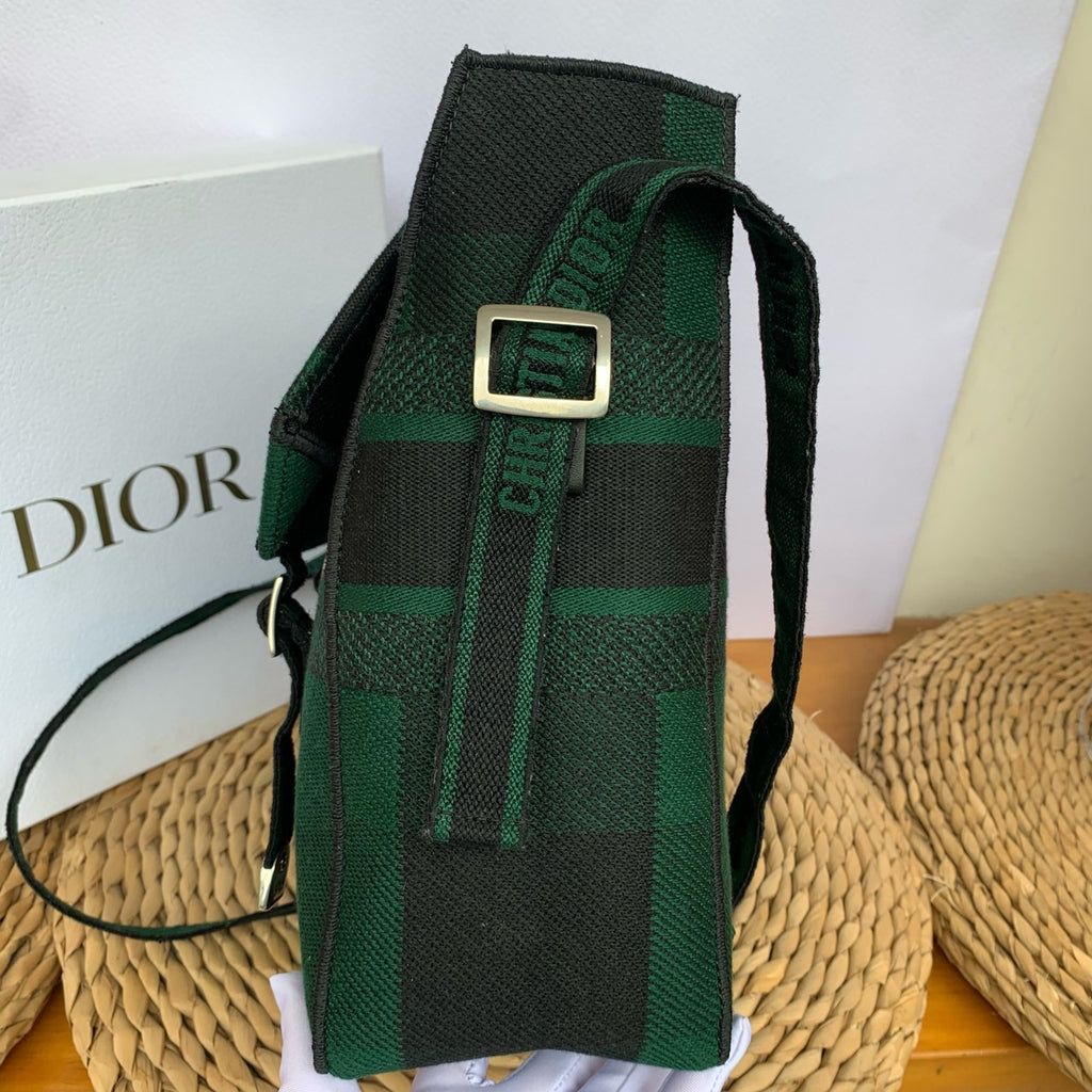 Dior Camp Messenger Bag Gingham Embroidery Green Black Silver Hardware