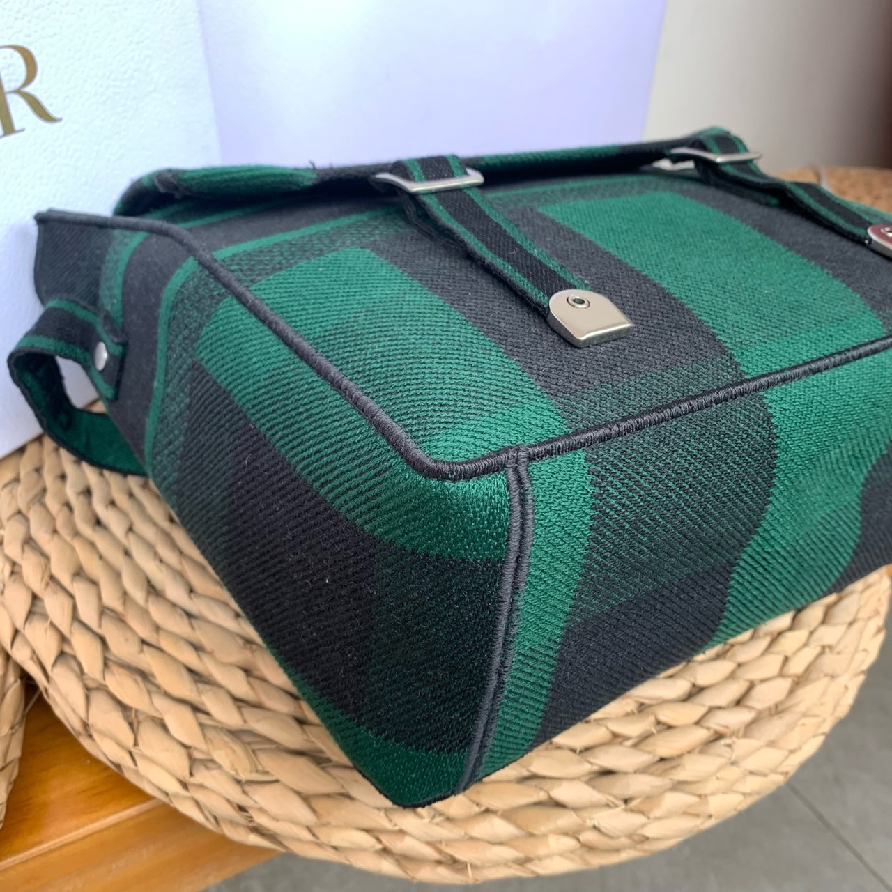 Dior Camp Messenger Bag Gingham Embroidery Green Black Silver Hardware