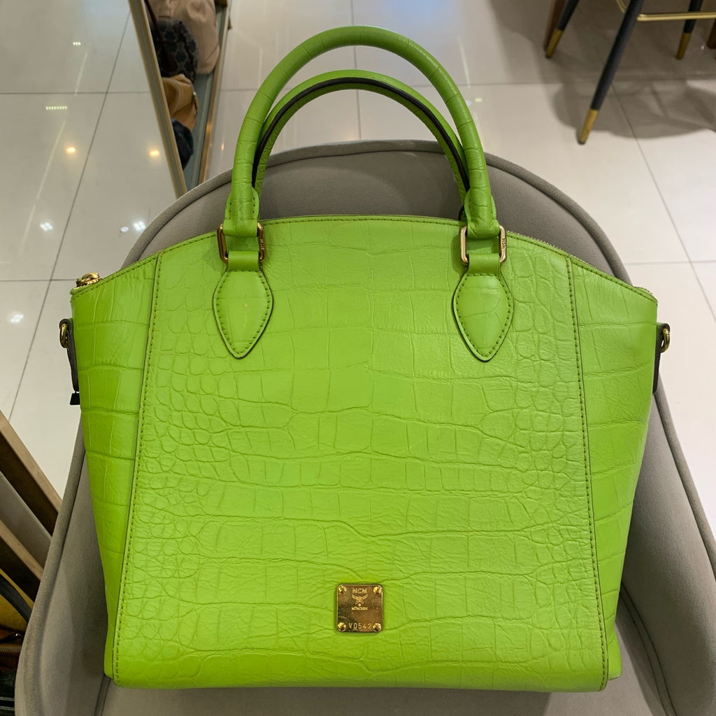 MCM Croc-Embossed Handbag Lime Green Gold Hardware