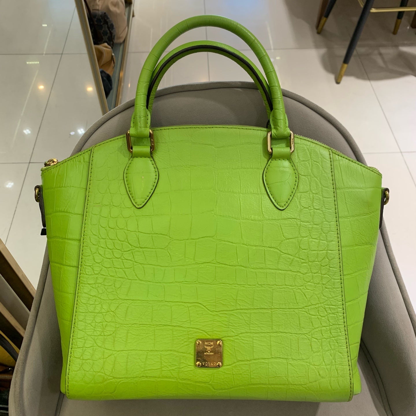 MCM Croc-Embossed Handbag Lime Green Gold Hardware