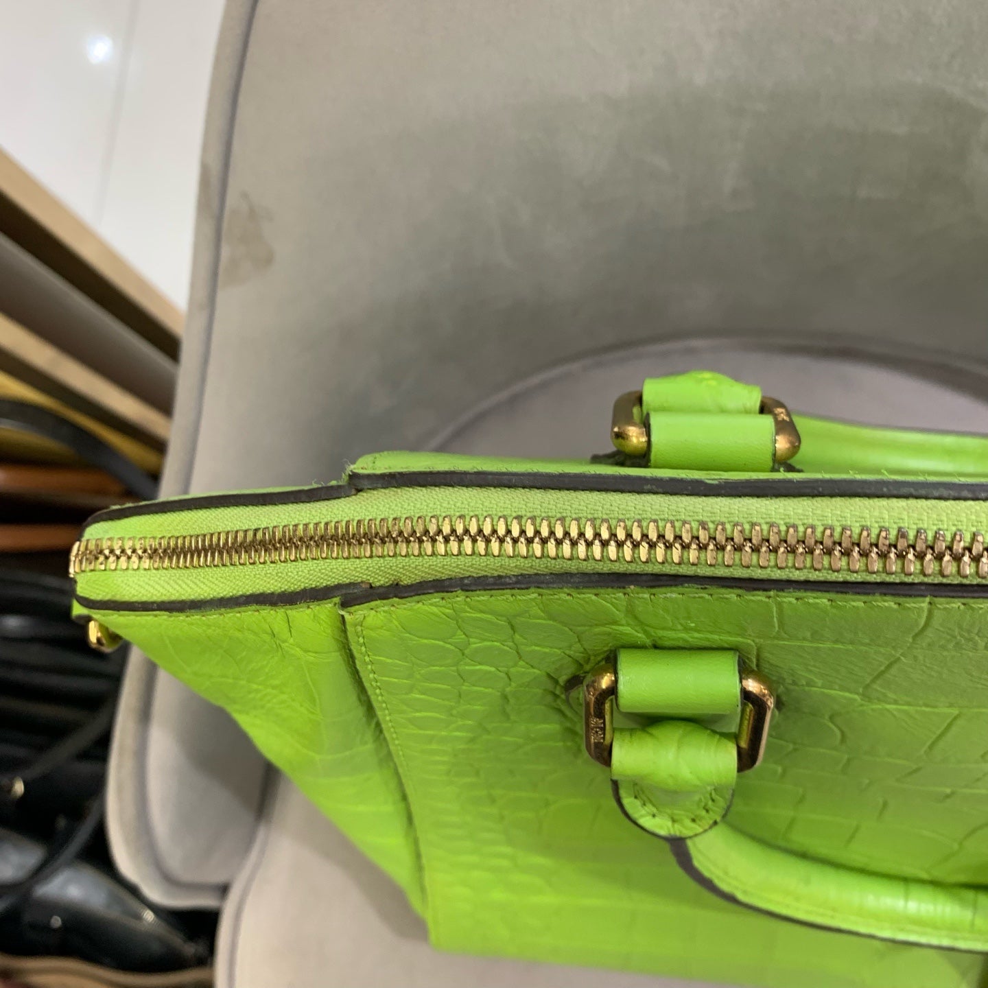 MCM Croc-Embossed Handbag Lime Green Gold Hardware