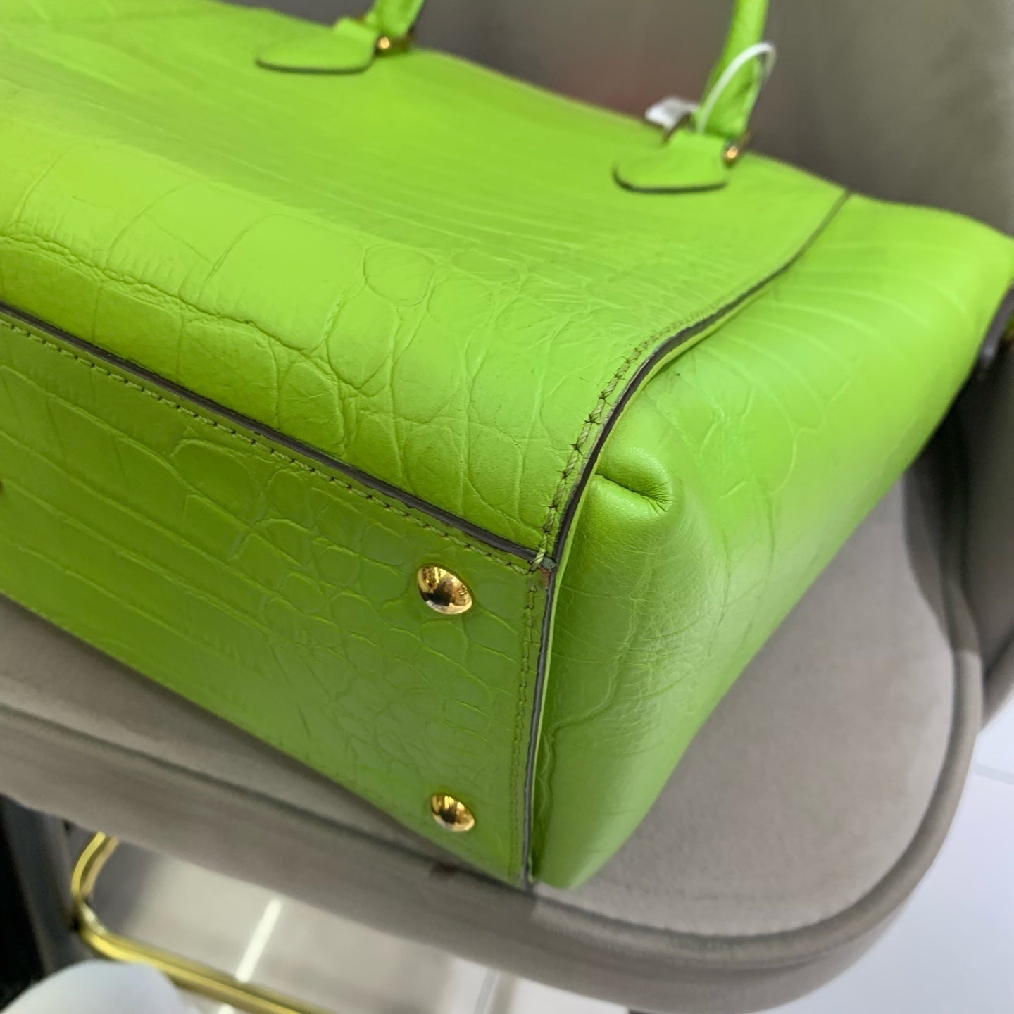 MCM Croc-Embossed Handbag Lime Green Gold Hardware