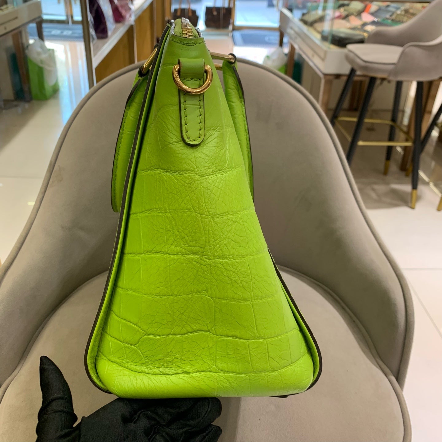 MCM Croc-Embossed Handbag Lime Green Gold Hardware