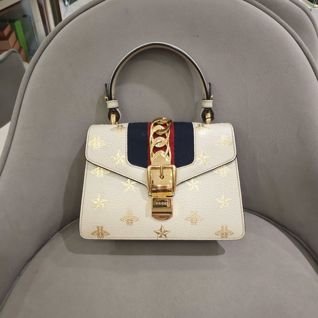 Gucci Sylvie Handbag Cream Leather Gold Hardware