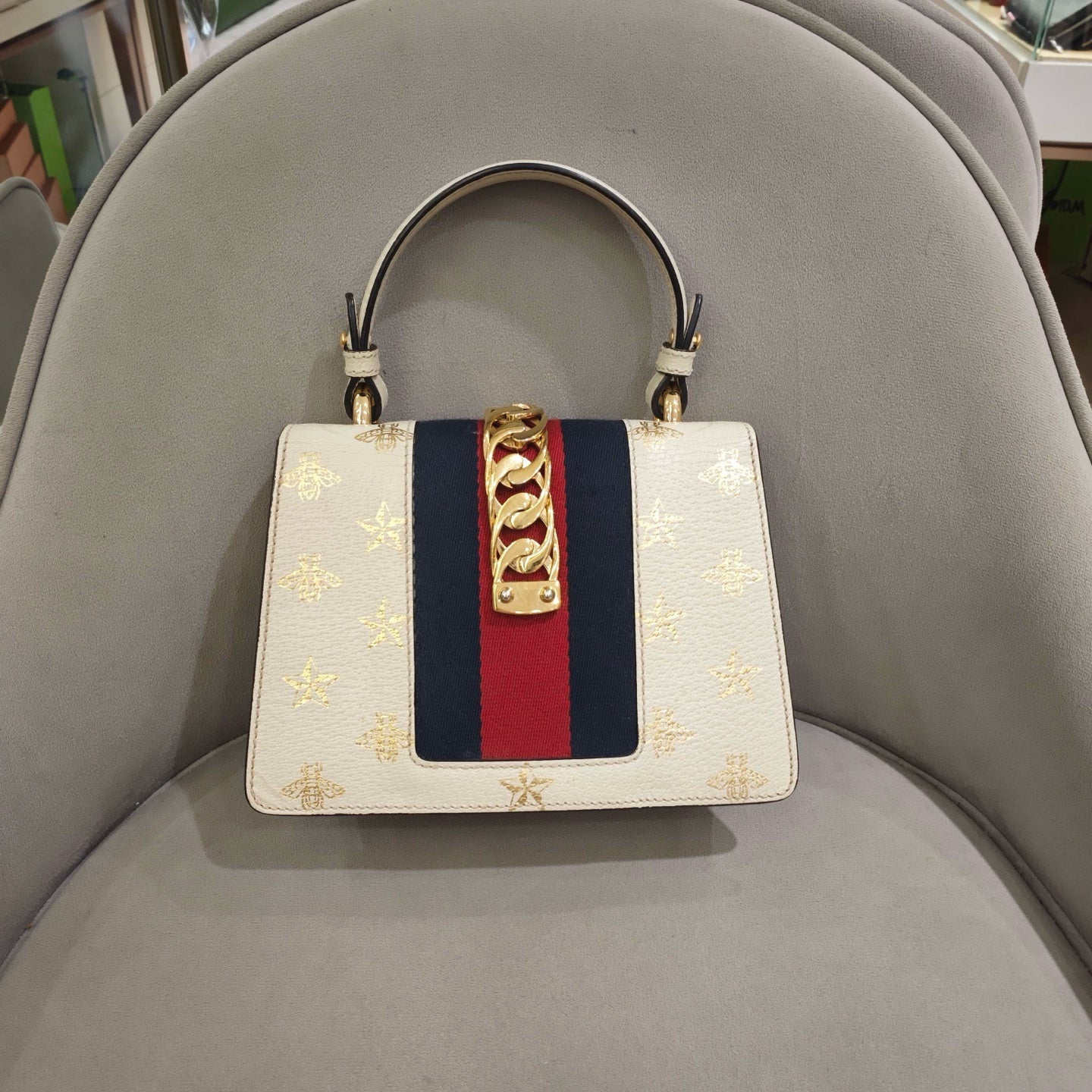 Gucci Sylvie Handbag Cream Leather Gold Hardware