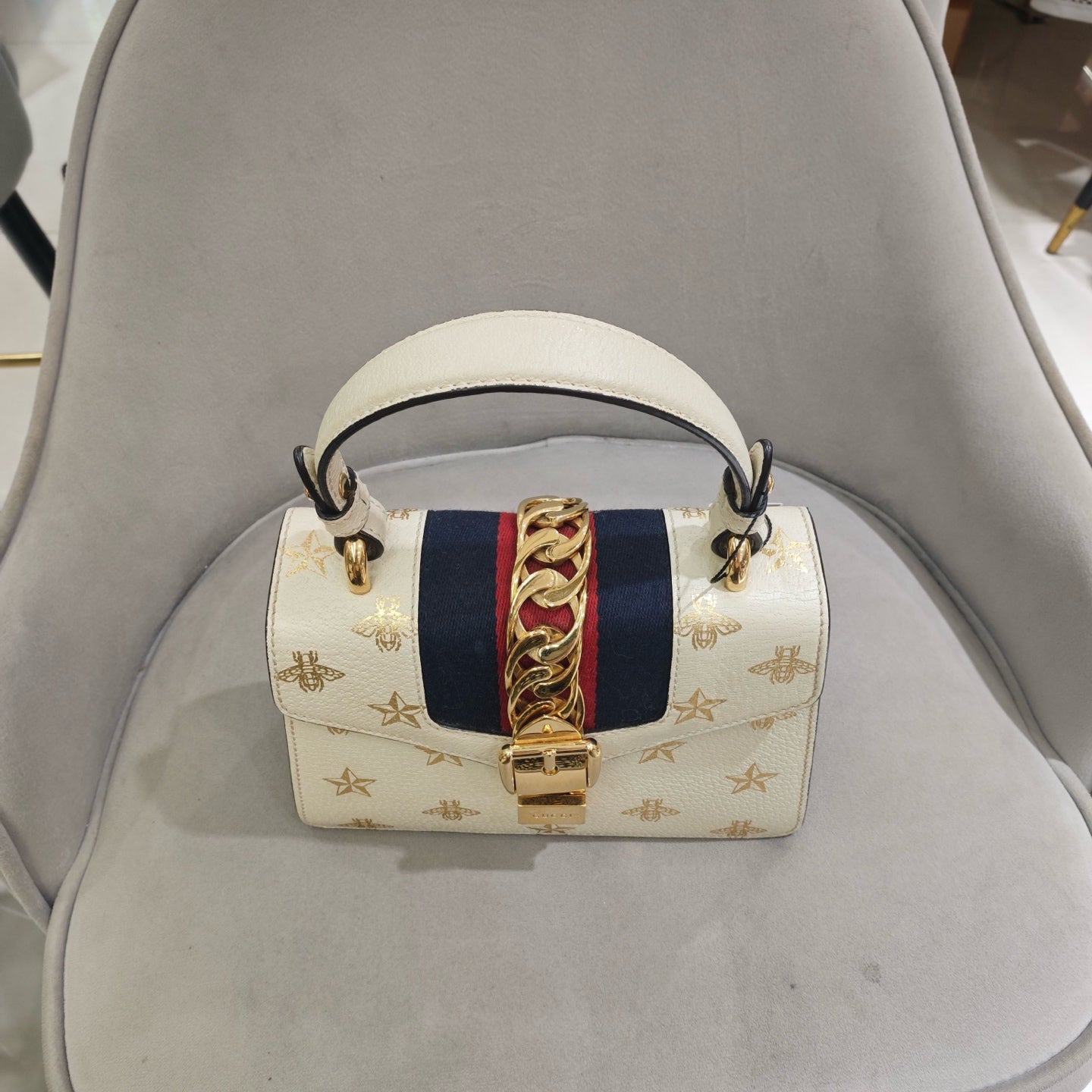 Gucci Sylvie Handbag Cream Leather Gold Hardware