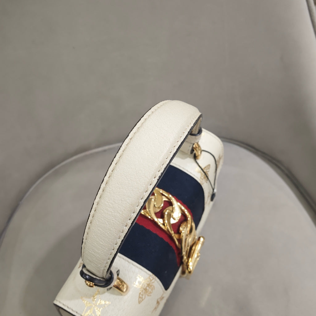 Gucci Sylvie Handbag Cream Leather Gold Hardware