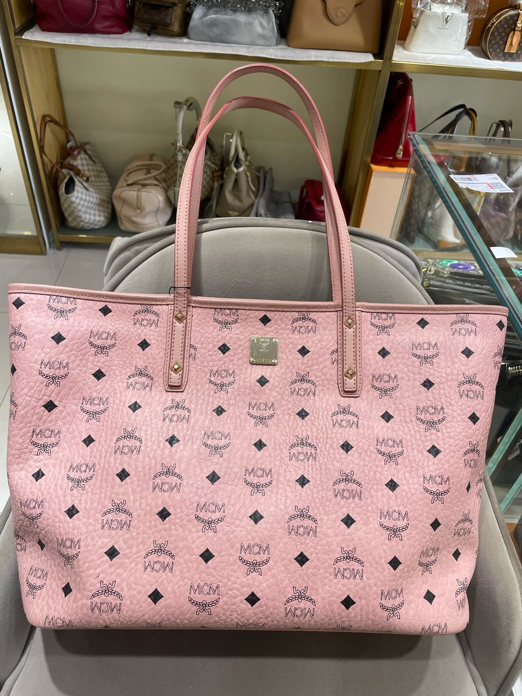 MCM Visetos Tote Bag Soft Pink Black Gold Hardware