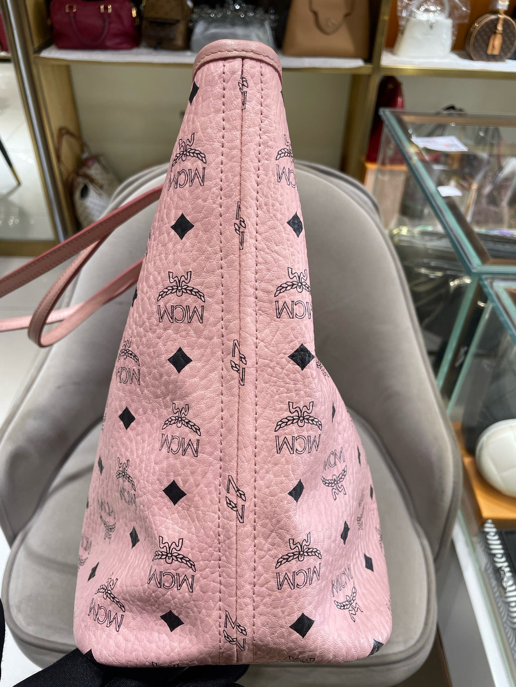MCM Visetos Tote Bag Soft Pink Black Gold Hardware