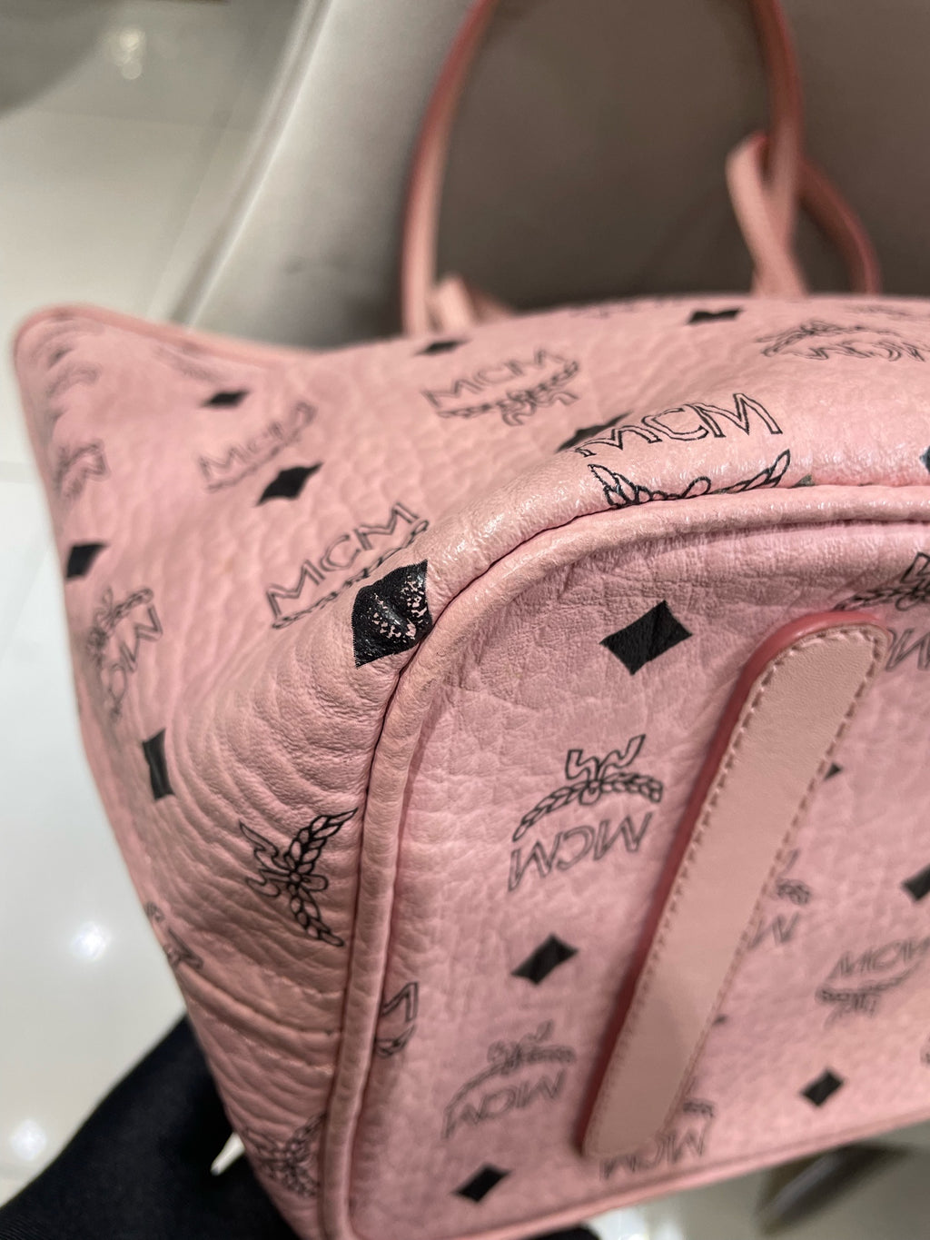 MCM Visetos Tote Bag Soft Pink Black Gold Hardware
