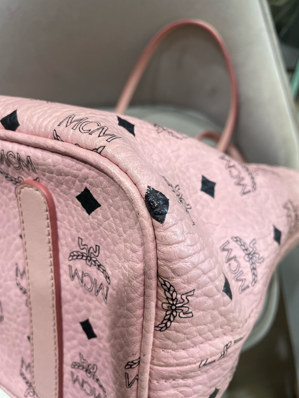 MCM Visetos Tote Bag Soft Pink Black Gold Hardware