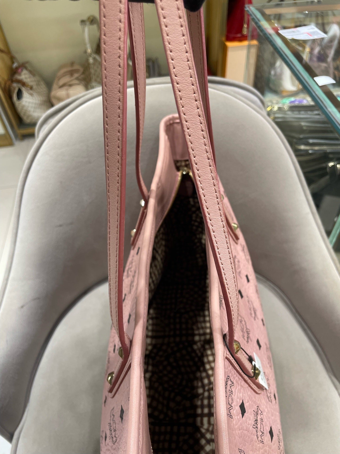 MCM Visetos Tote Bag Soft Pink Black Gold Hardware
