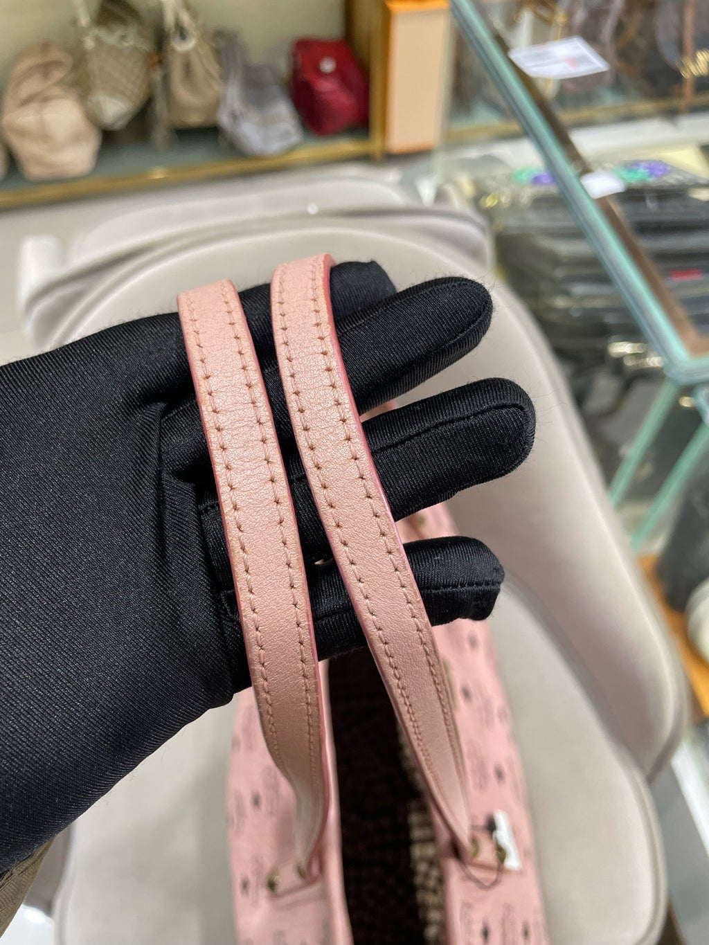 MCM Visetos Tote Bag Soft Pink Black Gold Hardware