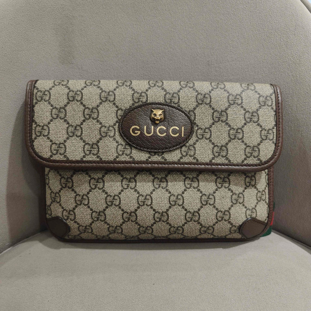 Gucci GG Supreme Belt Bag Beige/Ebony Brown Leather Gold Hardware