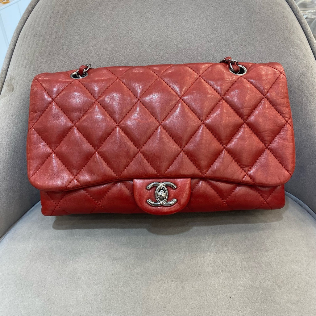 Chanel Classic Mini Flap Handbag Red Quilted Lambskin Silver Hardware