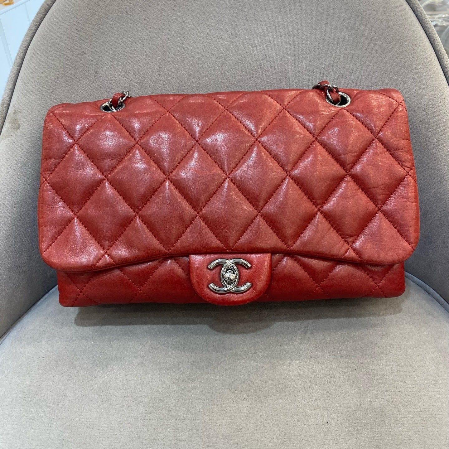 Chanel Classic Mini Flap Handbag Red Quilted Lambskin Silver Hardware