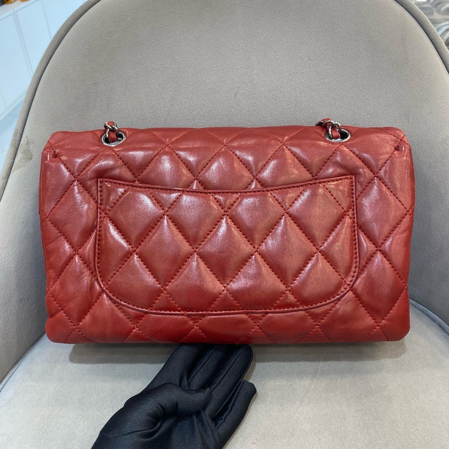 Chanel Classic Mini Flap Handbag Red Quilted Lambskin Silver Hardware
