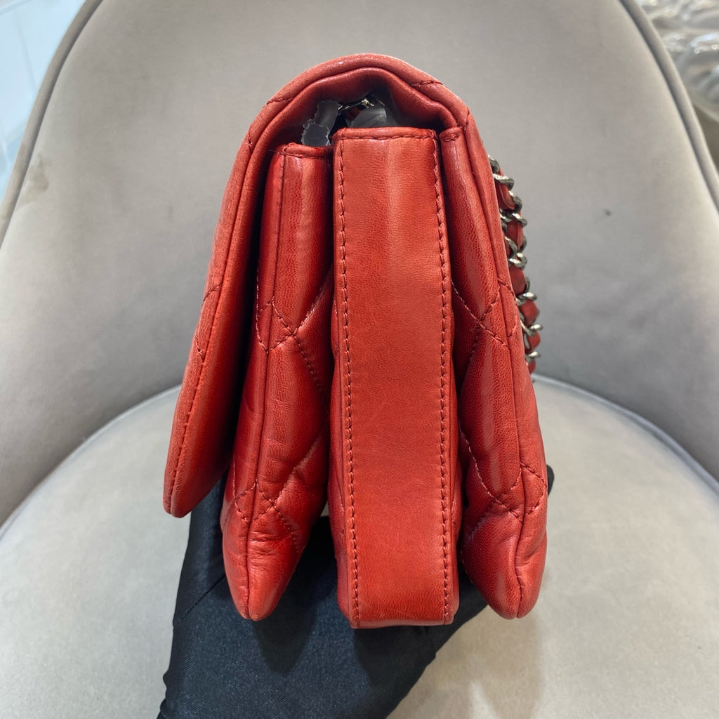 Chanel Classic Mini Flap Handbag Red Quilted Lambskin Silver Hardware