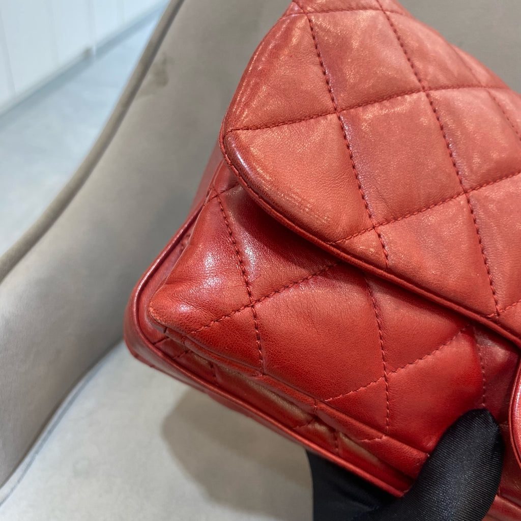 Chanel Classic Mini Flap Handbag Red Quilted Lambskin Silver Hardware