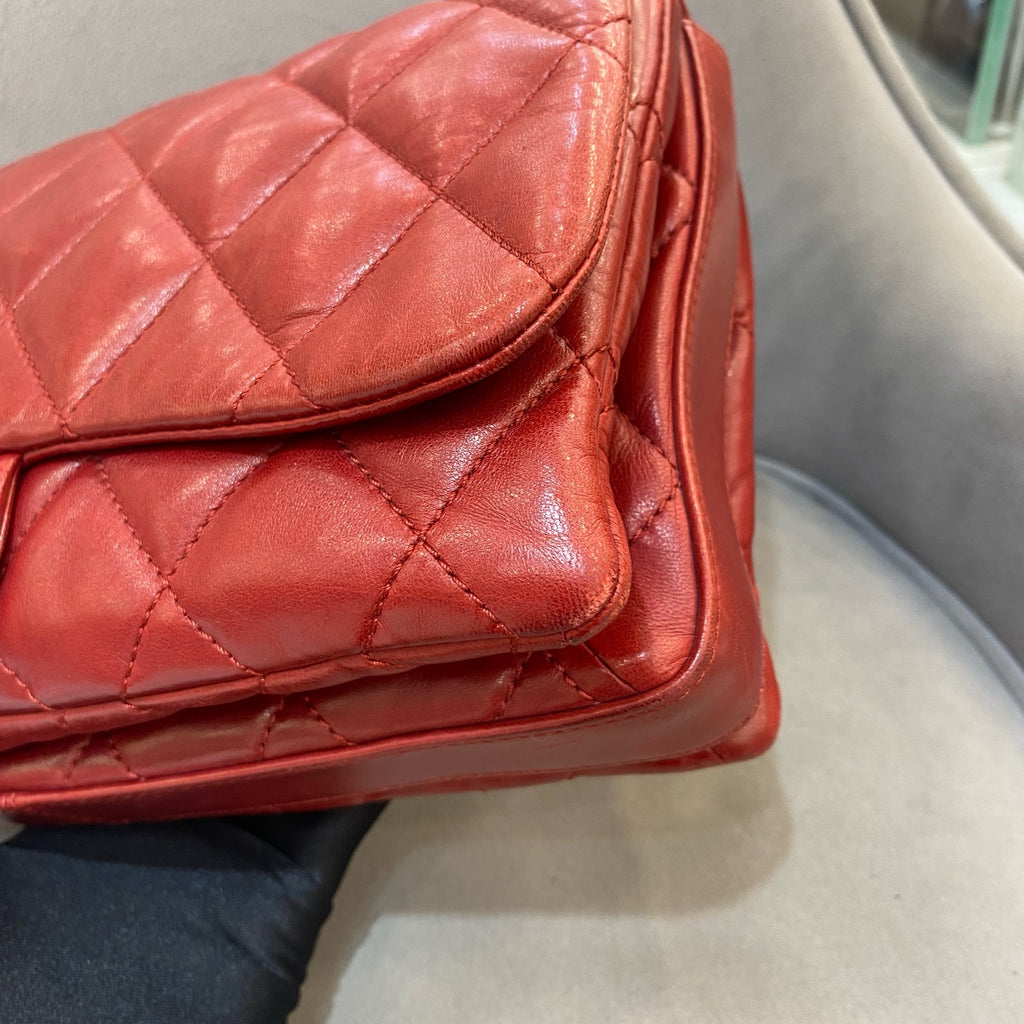 Chanel Classic Mini Flap Handbag Red Quilted Lambskin Silver Hardware