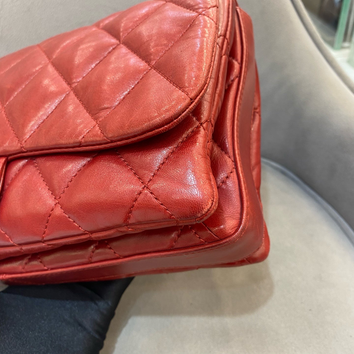 Chanel Classic Mini Flap Handbag Red Quilted Lambskin Silver Hardware