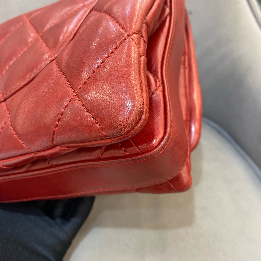 Chanel Classic Mini Flap Handbag Red Quilted Lambskin Silver Hardware