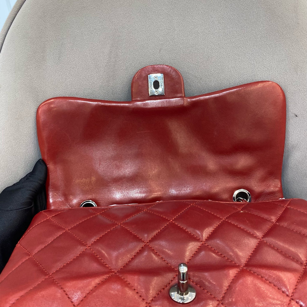 Chanel Classic Mini Flap Handbag Red Quilted Lambskin Silver Hardware